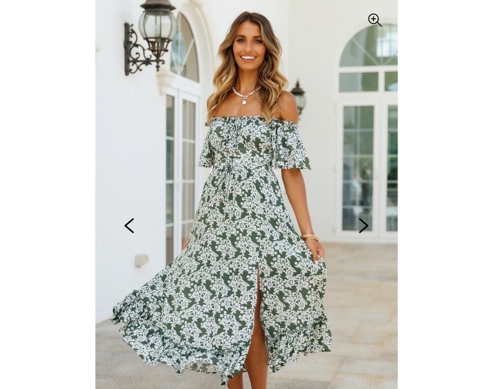 NWT Boho Chic Muse Midi Off Shoulder Dress in Olive Green | Small